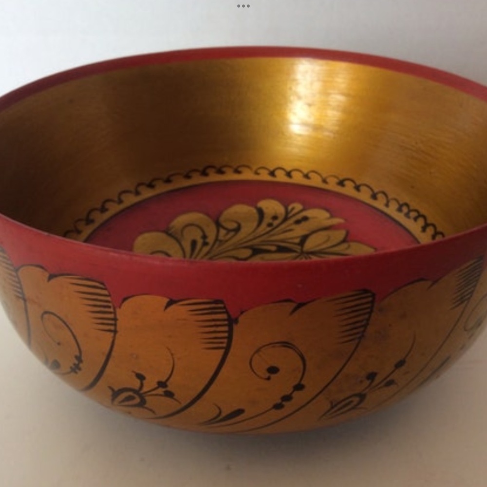 Vintage Red Gold Wood Bowl Khokhloma Painted Decorative Made in USSR Hand Paint